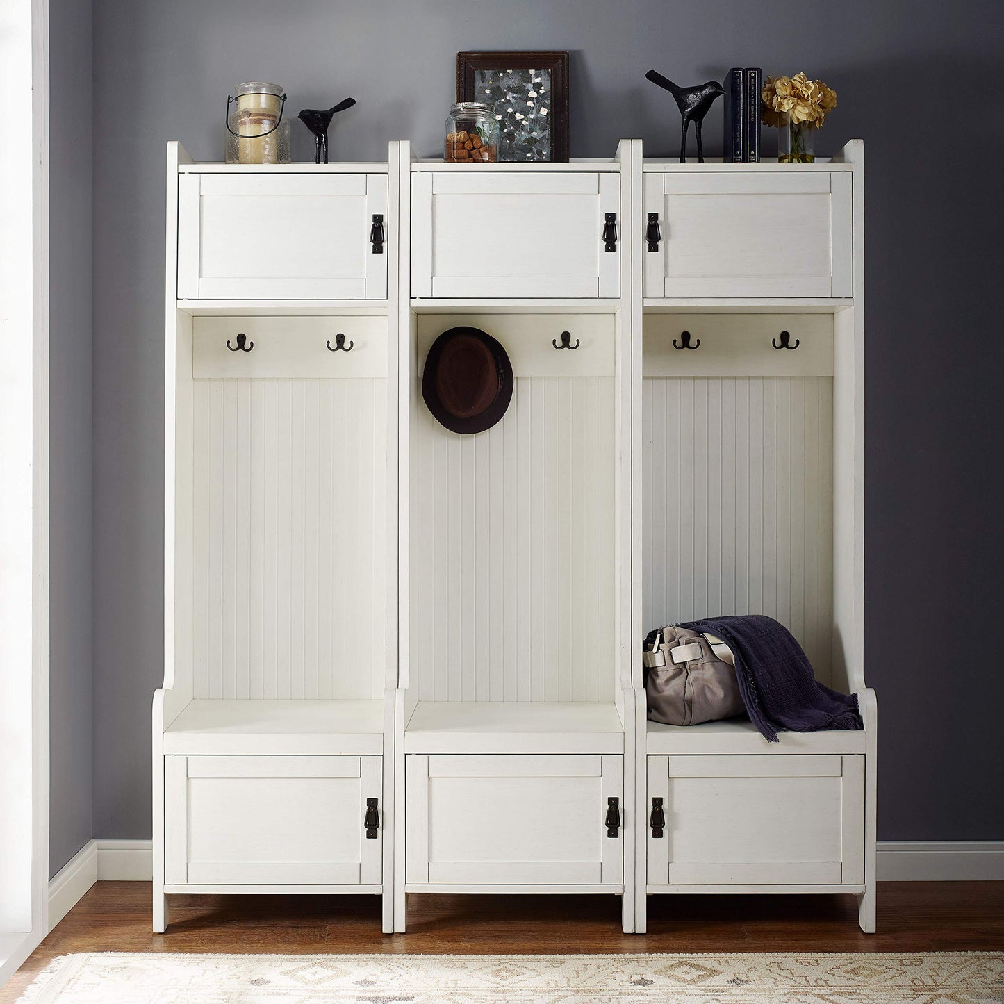 Crosley Furniture Fremont 3-Piece Hall Tree Entryway Set with Storage Cabinets and Coat Rack Hooks, Distressed White