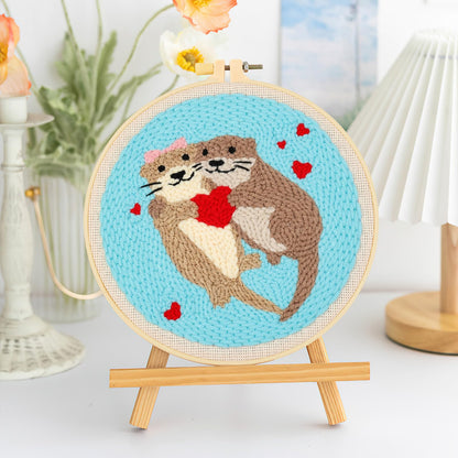 JSRQT Punch Needle Embroidery Starter Kits with Hoops Instructions Beginner Rug Hooking Pinch Craft Handcraft Tools Yarn Cute Pattern for Adults DIY Cross Stitch