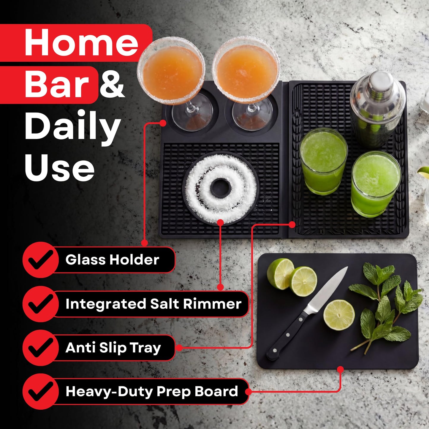 Foldable Bar Mat with Cutting Board - 18" x 12" Professional Bartending Station - Non-Slip Silicone Drip Mat for Home Bar, RV Bar, Outdoor Bar & Events - Easy Storage Bar Accessories