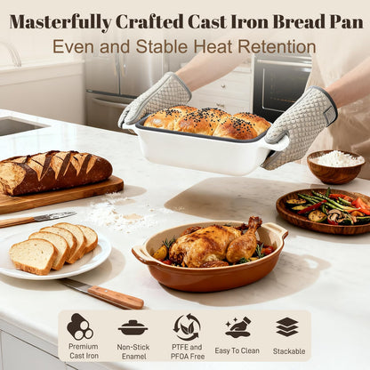 DYCYRQ Enameled Cast Iron Sourdough Bread Dutch Oven, Cast Iron Loaf Bread Pan for Homemade Bread Baking, 2PCS 8.5 x 4.5 Inch Meatloaf Pan with Lid, Oven Safe, Cream