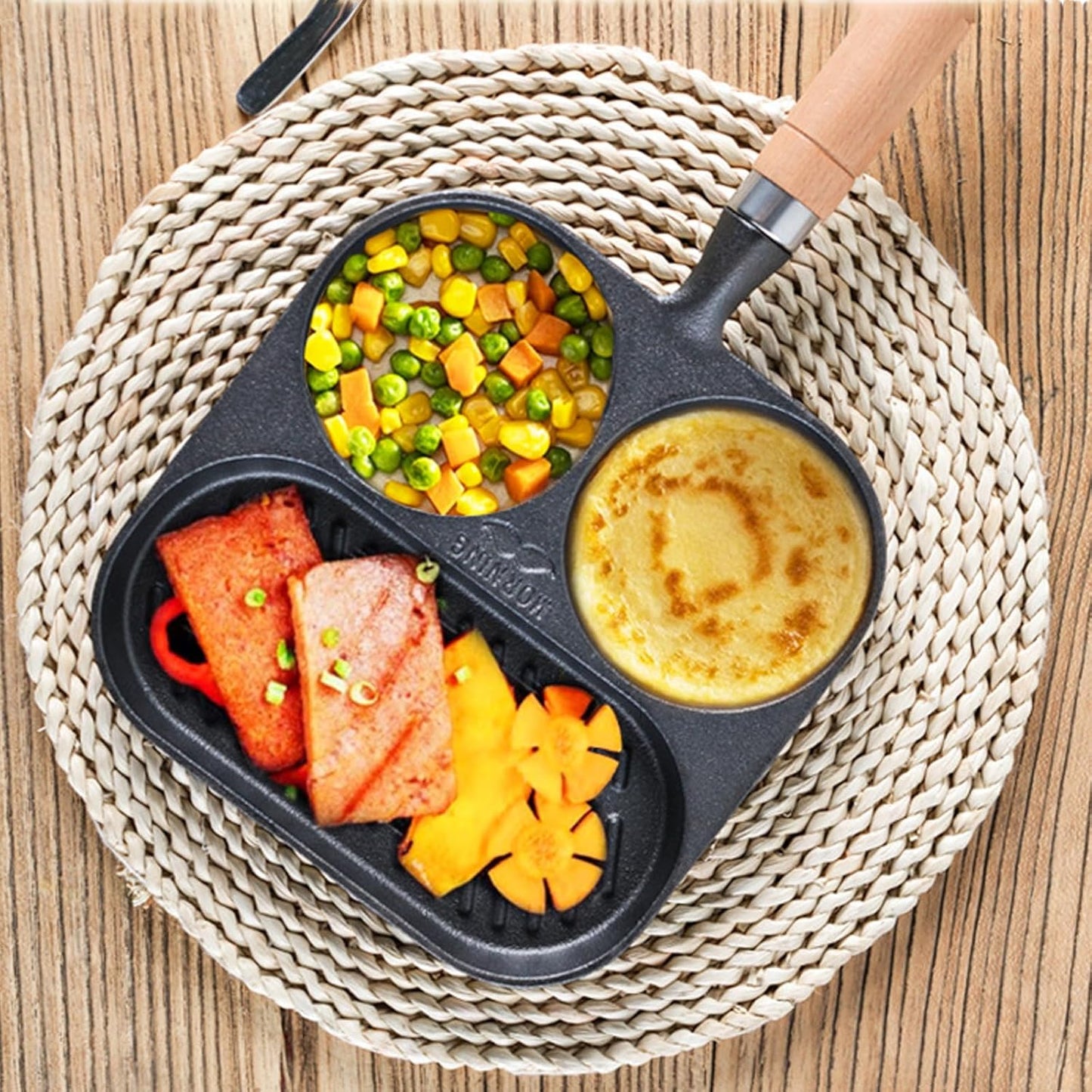 Egg Pan Omelette Pan, 3 Section Square Divided Breakfast Grill Pan with Solid Wood Handle, Nonstick Frying Pan for