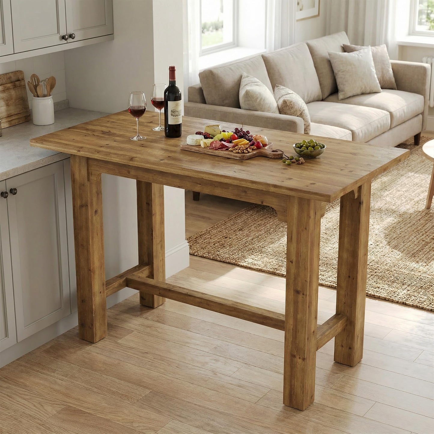 TRIBEWOOD 63-Inch Counter Height Dining Table, Solid Wood bar Height Kitchen Table for Dining Room, Rectangular Home Bar Furniture with Natural Grain, Brown