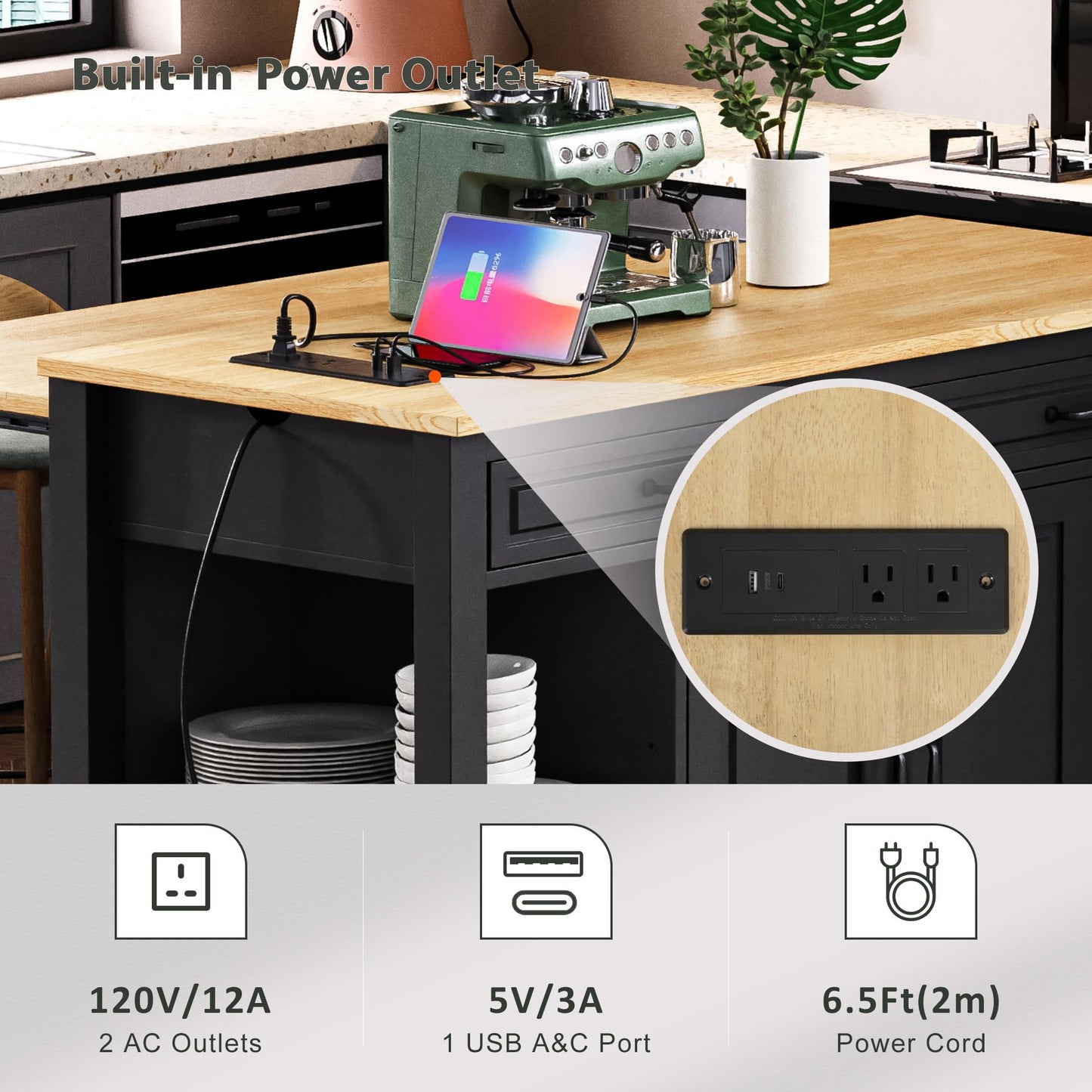 Ball & Cast Kitchen Island with Extendable Dining Table,Rubber Wood Veneer Kitchen Table with Internal Storage Rack,Power Outlet & USB Ports,Kitchen Cart On Wheels W/ 2 Drawers & 2 Cabinets,Black,47"