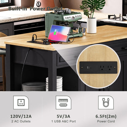 Ball & Cast Kitchen Island with Extendable Dining Table,Rubber Wood Veneer Kitchen Table with Internal Storage Rack,Power Outlet & USB Ports,Kitchen Cart On Wheels W/ 2 Drawers & 2 Cabinets,Black,47"