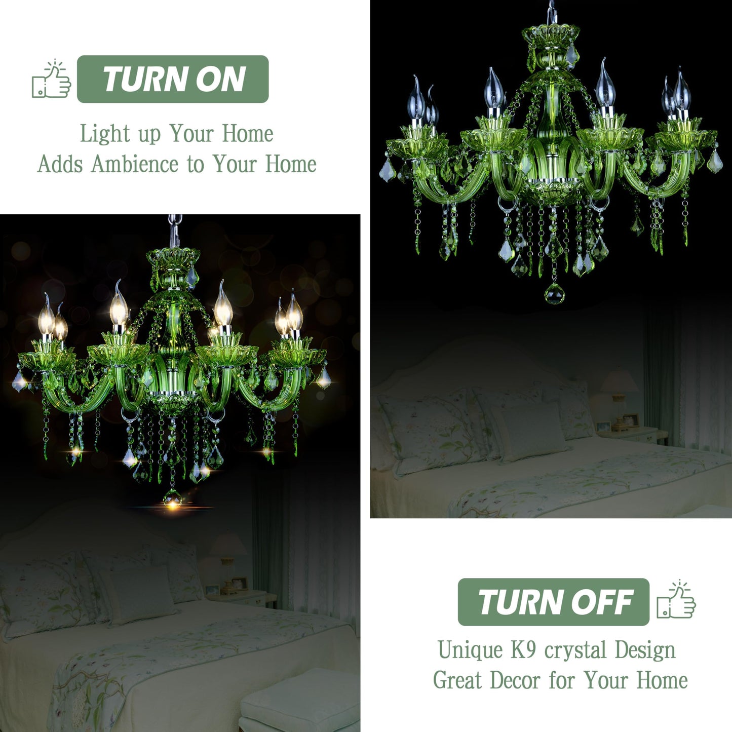 Bagood 8 Lights Green K9 Crystal Candle Chandeliers Lighting Modern Pendant Lights Candle Chandelier Lighting for Dining Living Room Bedroom Entry Elegant Decoration E12 Base, H22.8 x W27.2 Inch