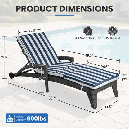 DAYARUS Patio Chaise Lounge Chairs Set of 2, Outdoor Recliner with Washable & Removable Cushions, 5-Position Adjustable Backrest, All-Weather Rattan & Metal Pool Lounger with Wheels for Deck, Blue