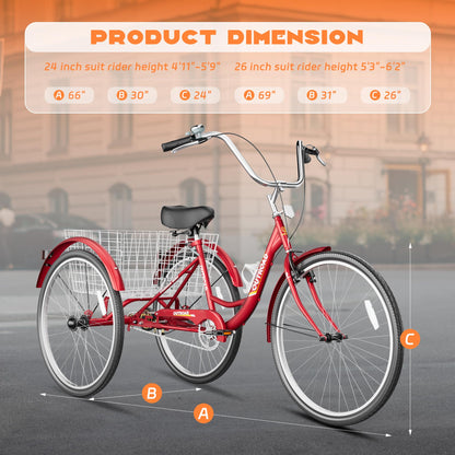 Max4out Adult Tricycle with Large Basket 24/26 Inch, Stable 3 Wheel Cruise Bicycle for Shopping, Beach and City Trike Perfect for Men, Women, Seniors（24 Red）