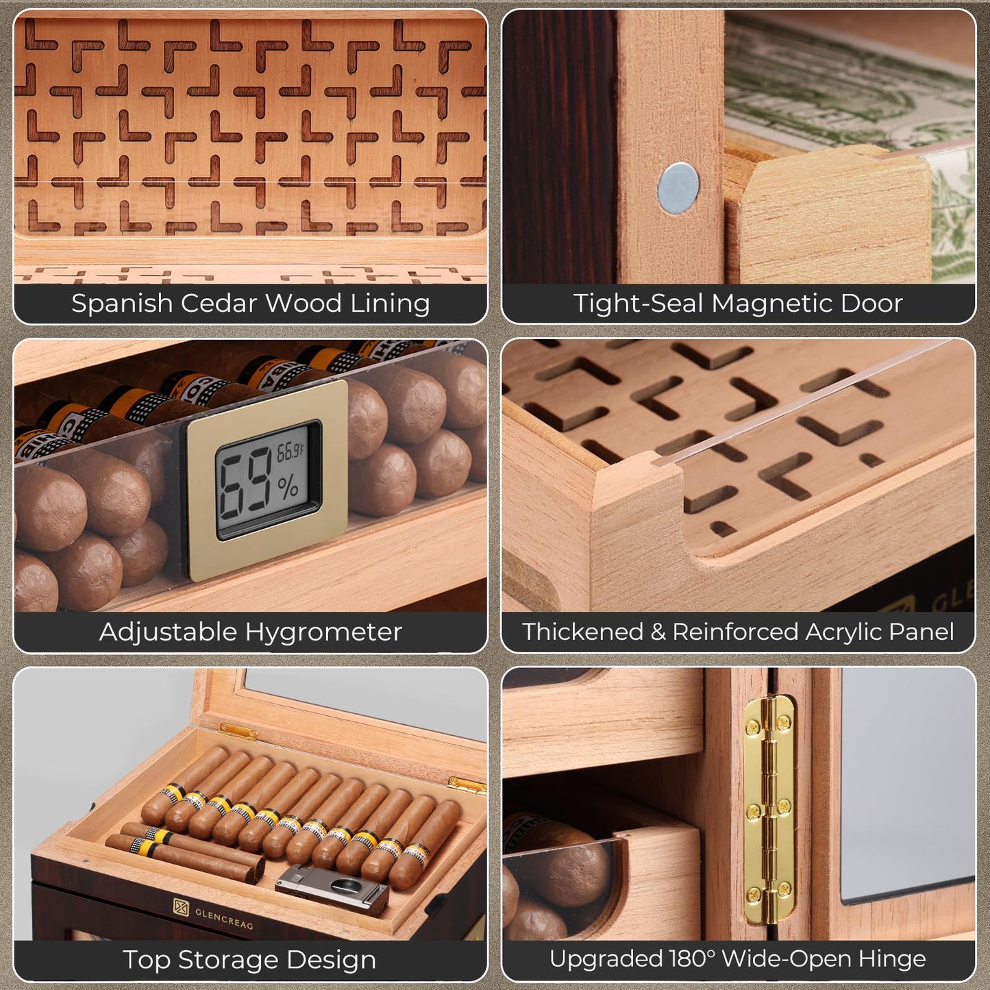 GLENCREAG M26FM-T Cigar Humidor Cabinet for 250 Cigars – Spanish Cedar Lining, Digital Hygrometer, Magnetic Seal, 5 Drawers & Transparent Top Storage– Gift for Cigar Aficionados
