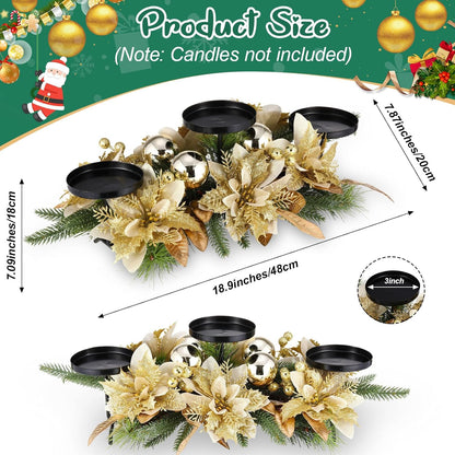 Regine Switzerland Christmas Table Centerpiece - 3 Candle Holders with Gold Poinsettia & Pinecones | Festive Ornaments for Holiday Decor