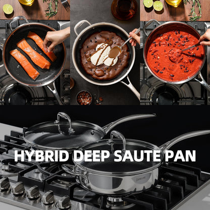 DELUXE Hybrid Ceramic Nonstick 3.7 Qt Deep Sauté Pan with Lid, Stainless Steel Skillet with Stay-Cool Handles, Dishwasher and Oven-Safe, PFOA Free Deep Frying Pan, Compatible with All Cooktops