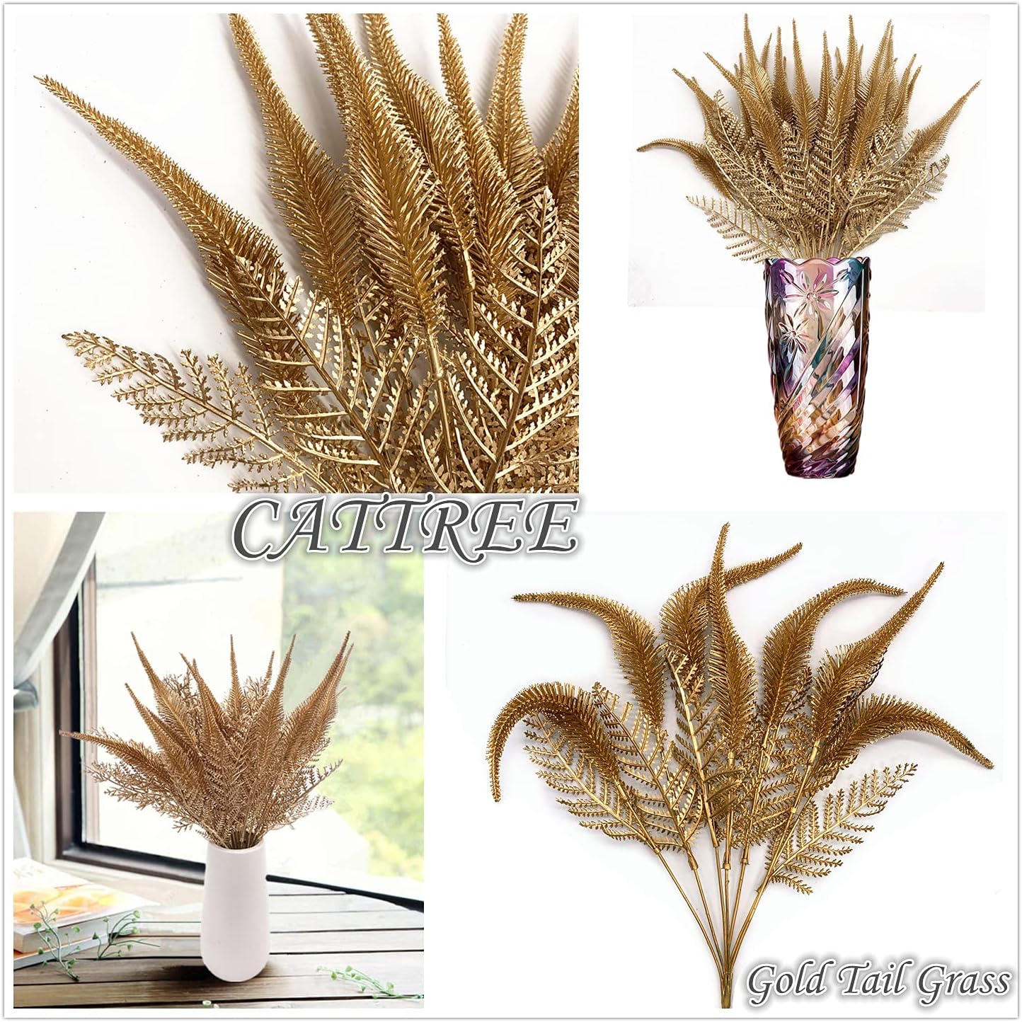 CATTREE 2 Pack Artificial Plants for Christmas, Gold Faux Shrubs, Plastic Grass Simulation for Home & Garden Decoration