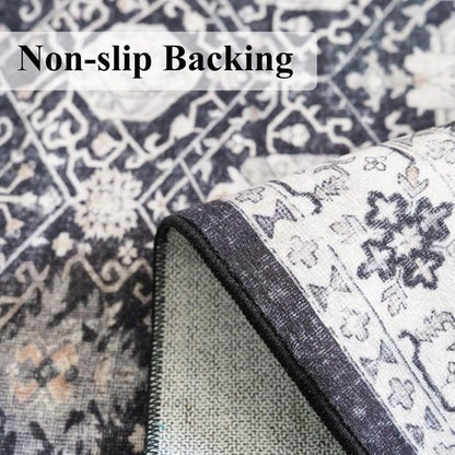 Hallway Runner Rug - 2x8 Washable Oriental Design | Stain Resistant, Ultra Soft, Non-Slip Black Mat