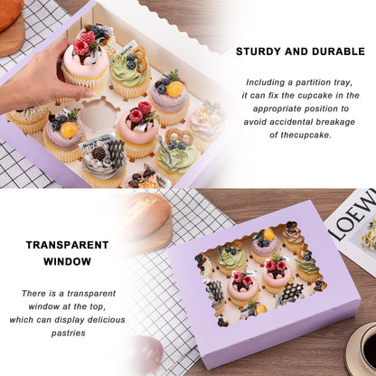 Hoewina 6PCS Cupcake Boxes - Hold 12 Count Cupcake Containers with Window, Food Grade Cupcake Holder Easy Transport and Presentation - Ideal for Cupcakes, Desserts, and More (Light Purple)