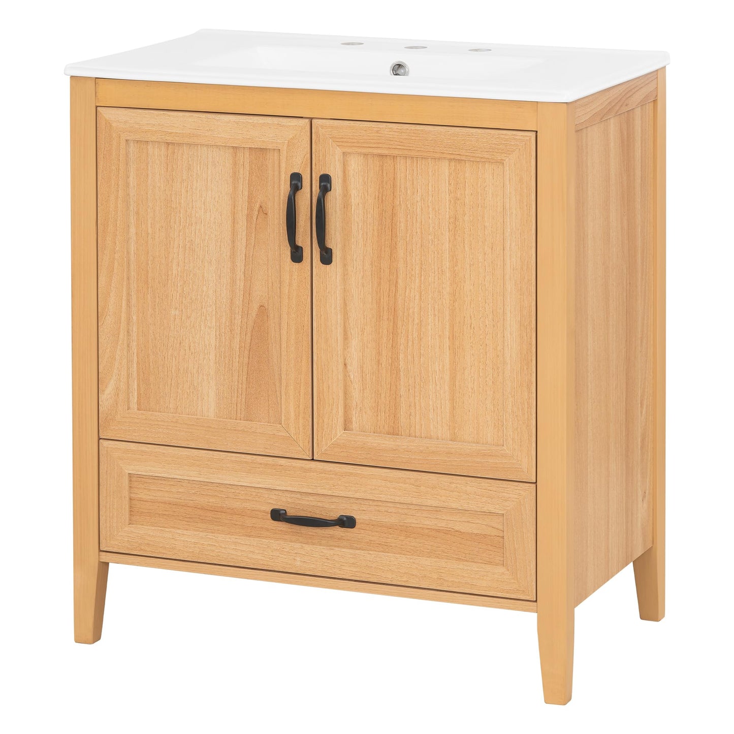 Christopher Knight Home Tessa 30" Bathroom Vanity with Ceramic Sink, Wooden Storage Cabinet with Adjustable Interior Shelf, Bathroom Organizer with Soft-Close Double Doors & Bottom Drawer, Wood
