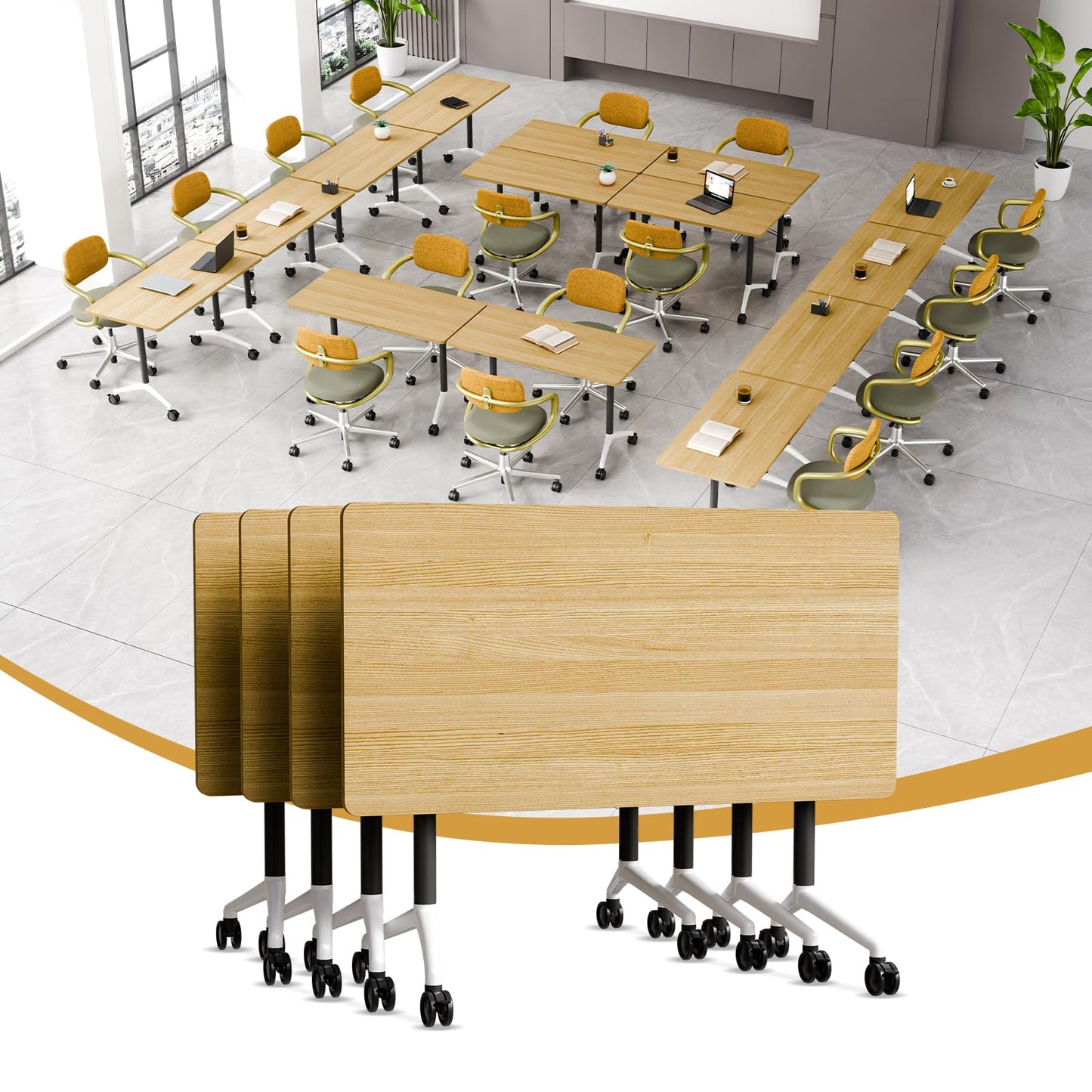 rzoizwko 4Packs Folding Conference Tables on Wheels,55.1 in Mobile Flip Top Meeting Room Table for Office & Training Rooms,Foldable Conference Room Tables Modular Rolling Desk Heavy-Duty Metal Frame