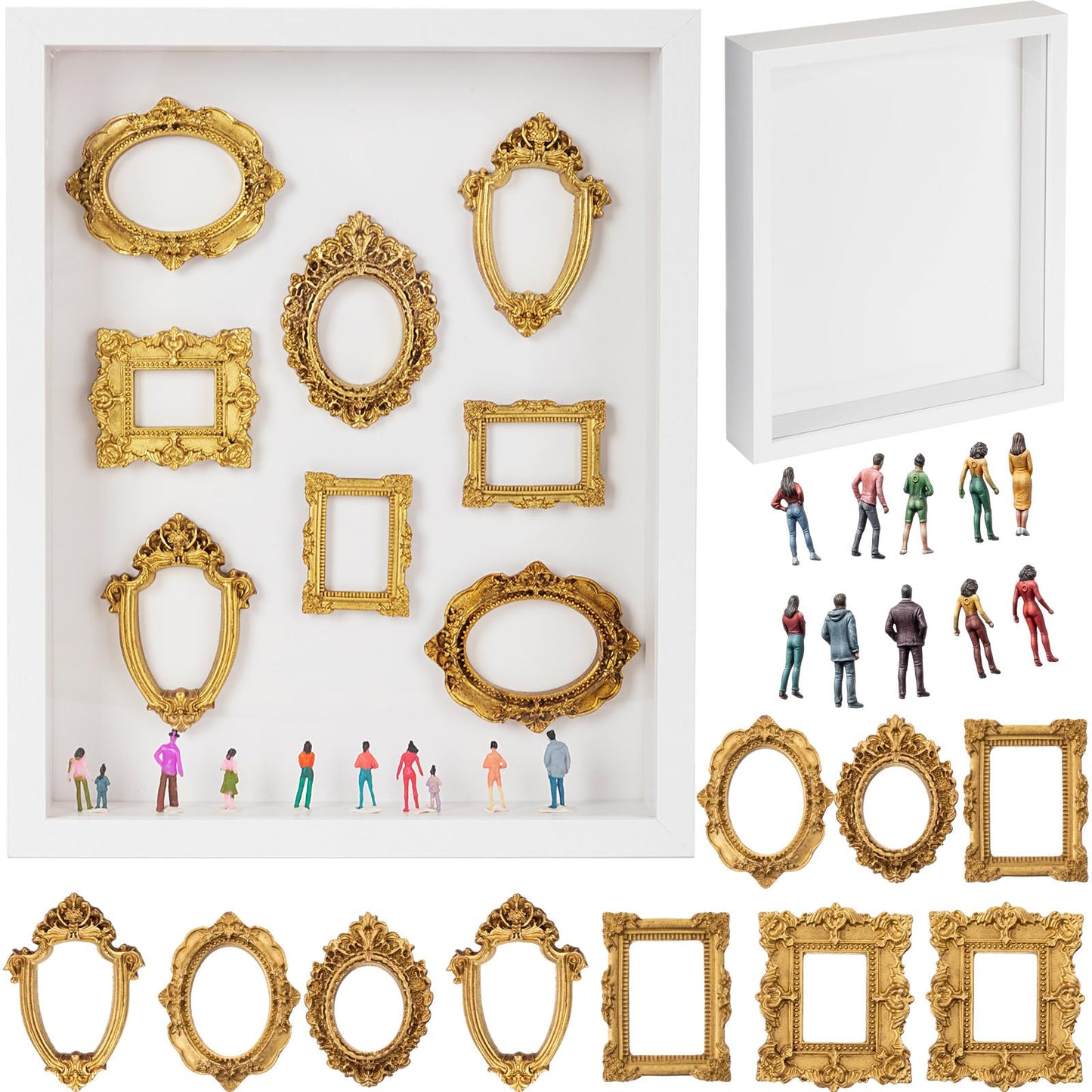 Lineshading 8 x 10 inch DIY Mini Shadow Box Kit Museum Design Silhouette Shadow Box Frame with 10 Mini Gold Frames & 10 Museum Themed Figurines for Pictures, Crafts & Home Decor Gift(White)