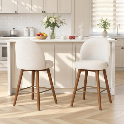 Daluvenix Modern Swivel Bar Stools Set of 3, Chic Upholstered Counter Height（26IN） Bar Chair with Back, Solid Wood Legs and Footrest, Comfortable Chenille Bar Stool for Kitchen Island, Cream White