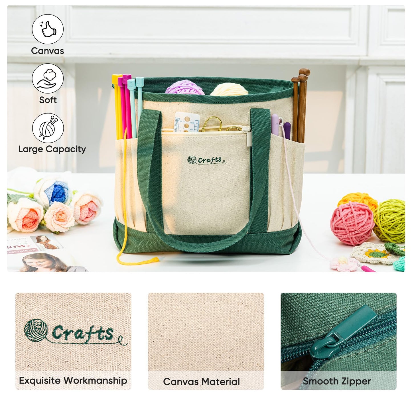 MYBAGZING Canvas Yarn Storage Organizer Bag Washable Crochet Bag with Pockets for Yarn, Hooks, Needles – Travel Knitting Tote for Crafters – Gift for Crocheters & Knitters (Medium/Large)
