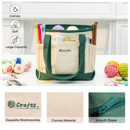 MYBAGZING Canvas Yarn Storage Organizer Bag Washable Crochet Bag with Pockets for Yarn, Hooks, Needles – Travel Knitting Tote for Crafters – Gift for Crocheters & Knitters (Medium/Large)