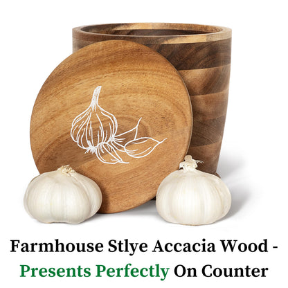 Jean Lemond Introducing The Always Fresh Acacia Garlic Keeper For Counter. A Crafted Large Garlic Storage Jar. A Rustic Garlic Holder Container Pot Saver With Lid. (Large (Fits 5 Heads))