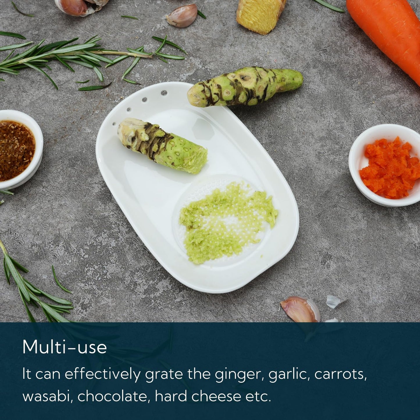 KITCHENDAO 3 in 1 Porcelain Ginger Grater Tool Spoon Rest Herb Stripper, 6.5 x 4.3 inches for Kitchen, Japanese Ceramic Garlic Grinding Wasabi Grater Plate Dish for Daikon Radish & Parmesan Cheese