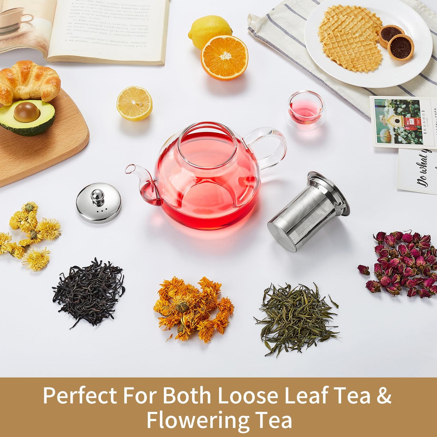 DOPUDO 40OZ (1200ML) Glass Teapot with Infuser Stovetop Safe, Clear Glass Tea Pot Kettle, Borosilicate Tea Pot with Infusers Filter for Loose Tea, Tea Kettle Dishwasher Safe