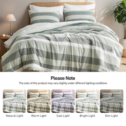 Regency Heights Full/Queen Size Comforter Set Sage Green - 3 Pieces Modern Striped Quilt Bedding for Dorm All Season Soft Lightweight Reversible Bed Set with Comforter & Shams
