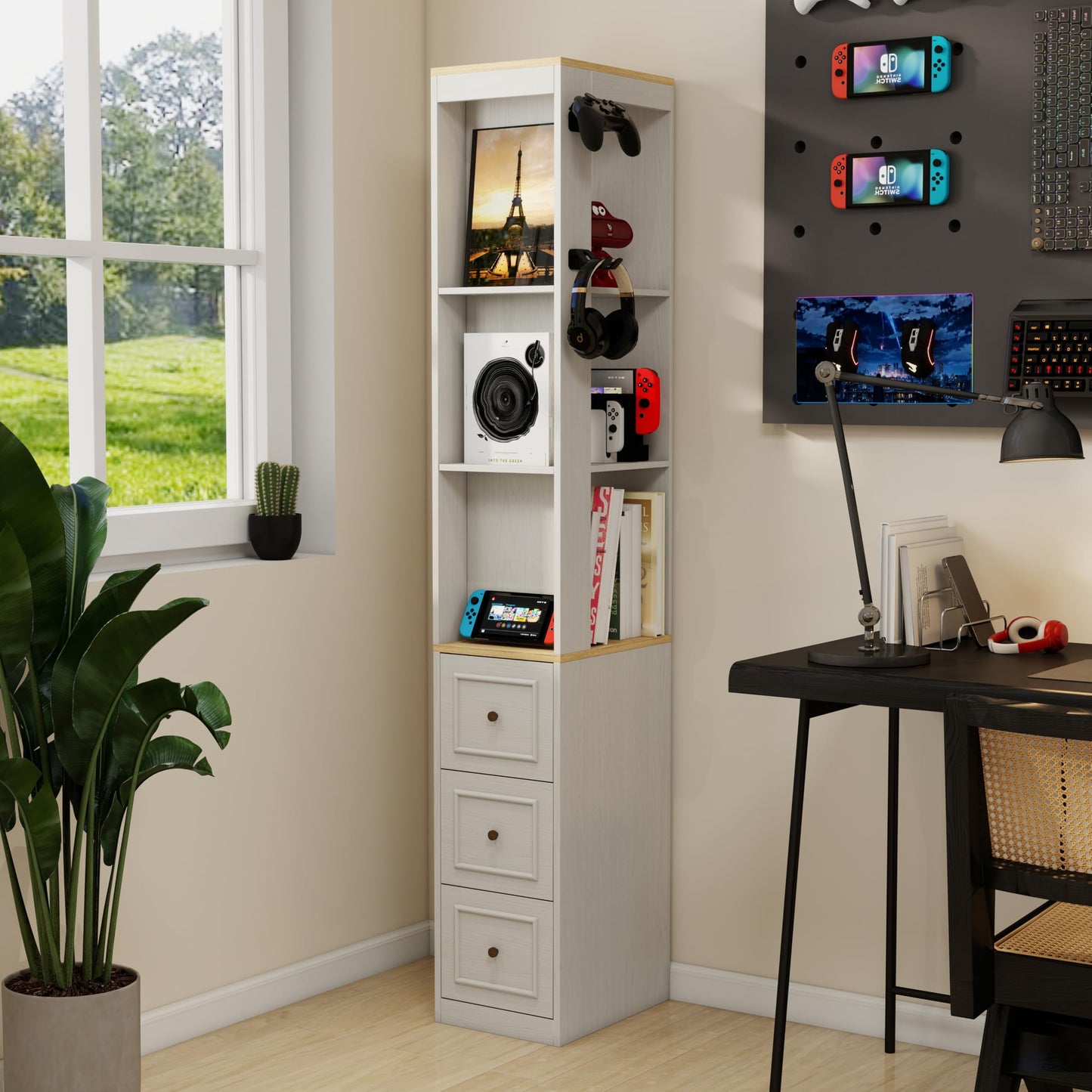 Havemies 73 Inch Media Storage Cabinet with Integrated Organization System, Antique White Slim Design Features 3 Drawers and Hooks for CD DVD and Game Console Display