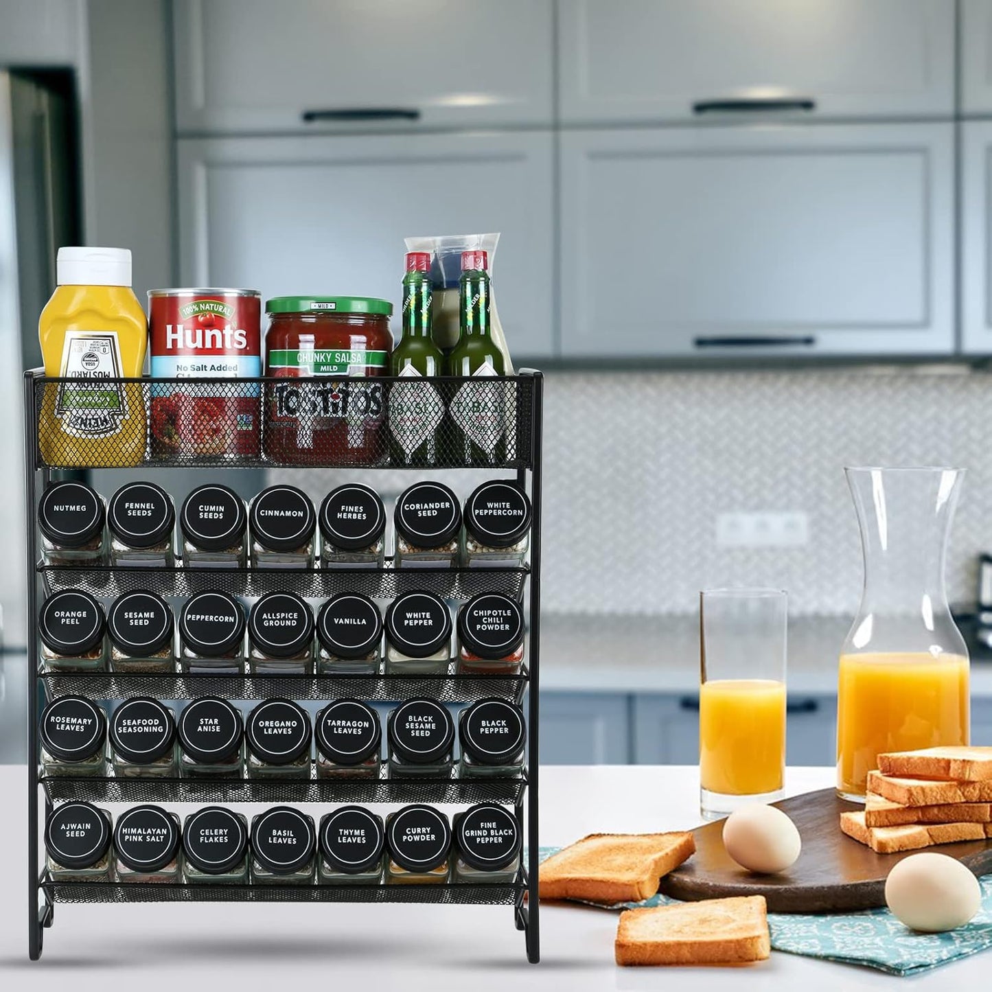 28 Set Countertop, Skiileor Spice Rack Organizer with Spice Jars, Black LidsSpice Labels, Chalk pen and Funnel