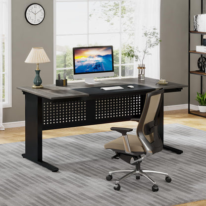Tribesigns 63 Inch Executive Desk with File Cabinet, L Shaped Office Desk with Drawers and Storage Shelves, Business Furniture Set Workstation for Home Office, Gray and Black