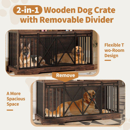 Double Dog Crate Furniture, 63 Inch Heavy-Duty Dog Kennel with Center Divider, Sliding Doors, Drawers and Open Shelves, Indoor Dog House for Living Room, Retro Brown