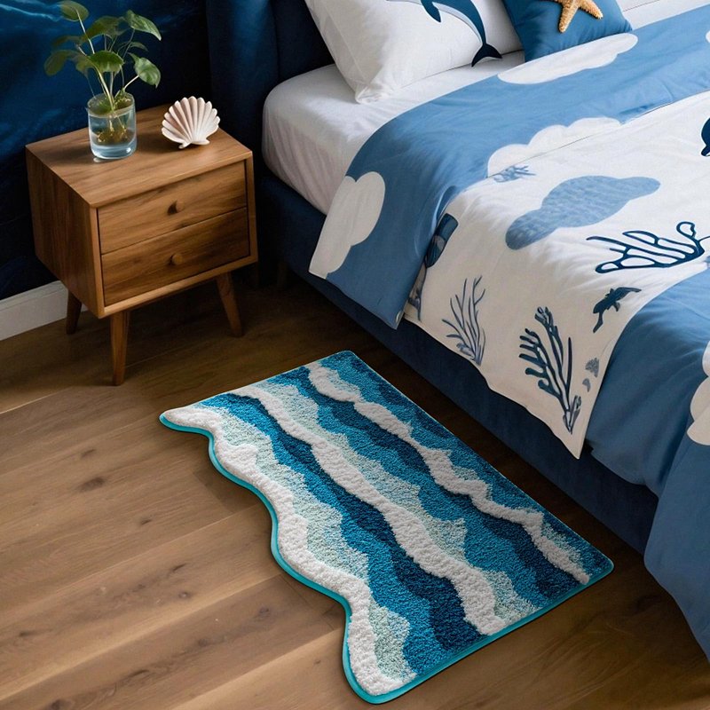Moutina 3D Ocean Wave Bathroom Rugs Blue 21x32 Inch, Soft and Absorbent Tufted Beach Bath Mat Non Slip Washable, Coastal Nautical Decor for Bathroom Bedroom