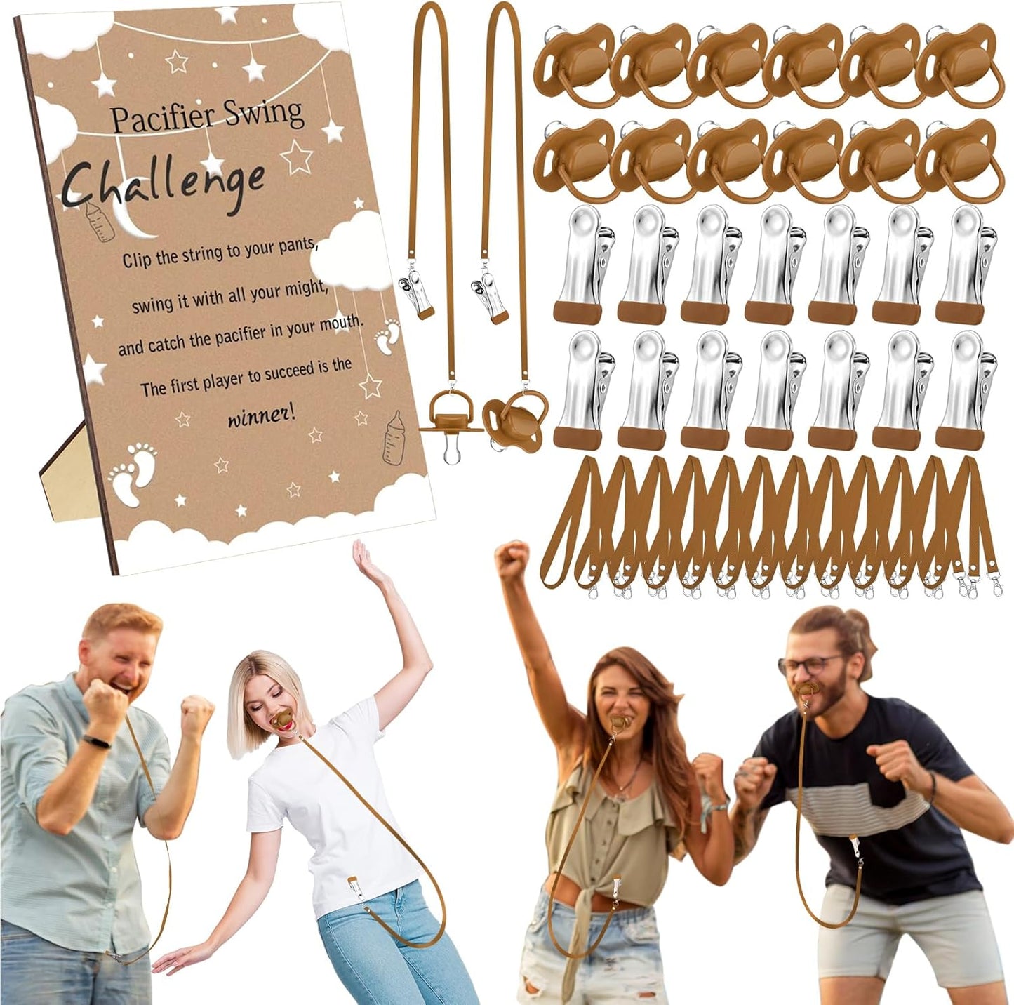 12 Sets 1 12 Geelin Swing Pacifier Baby Shower Games Funny Gender Reveal Games, Include Wooden Sign and Plastic