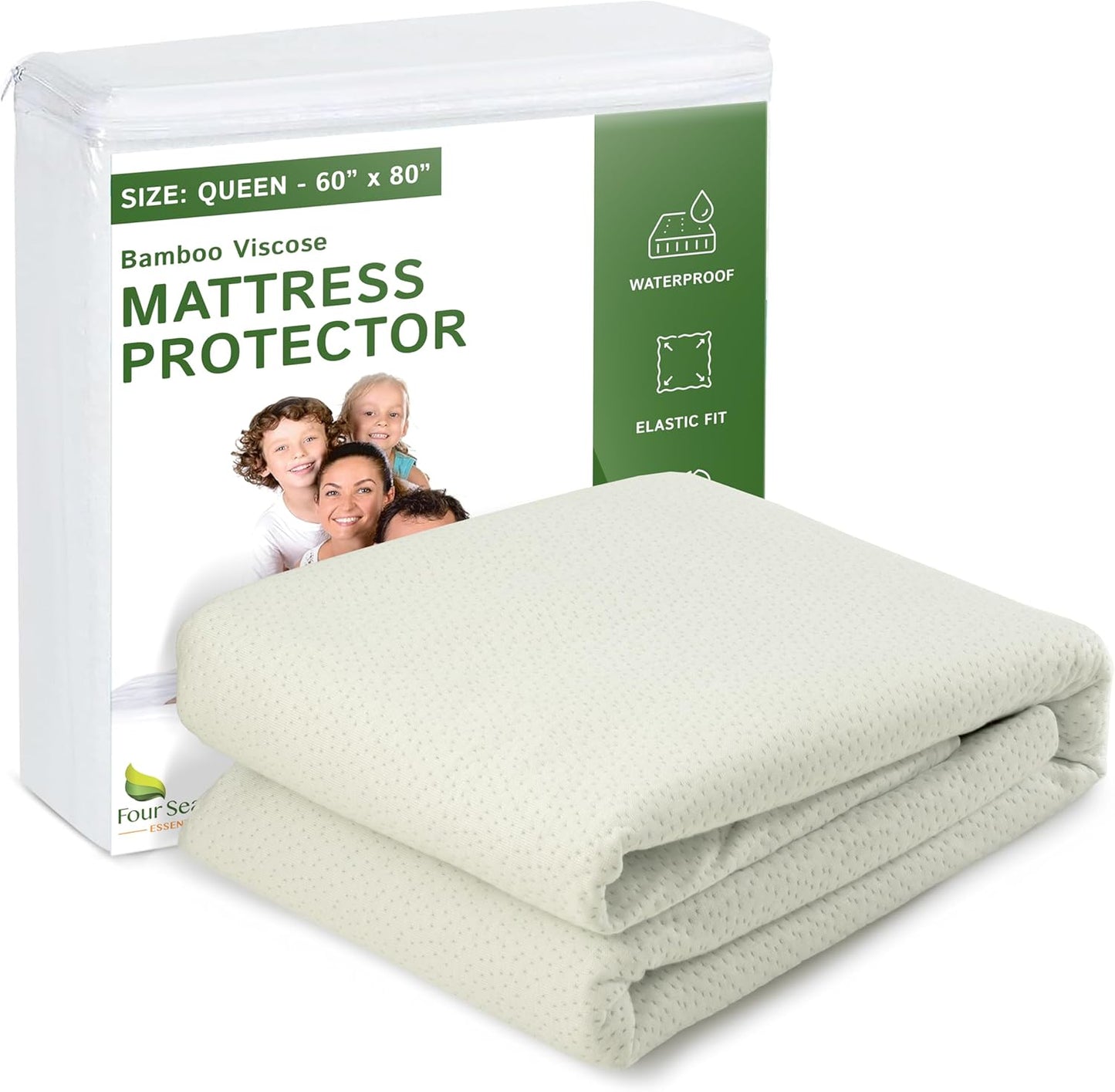 Four Seasons Essentials Queen Size Waterproof Mattress Protector, Cooling Viscose from Bamboo Fitted Sheet Mattress