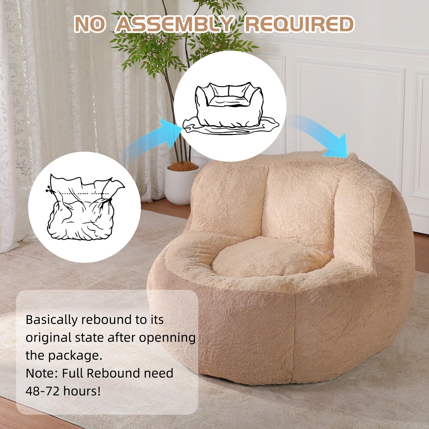 Amacv Oversized Bean Bag Chairs,Multicolor Faux Fur Couch Filled with Shredded Sponge,Large Lounger Sofa for Living Room,No Assembly Required,Brown+Camel