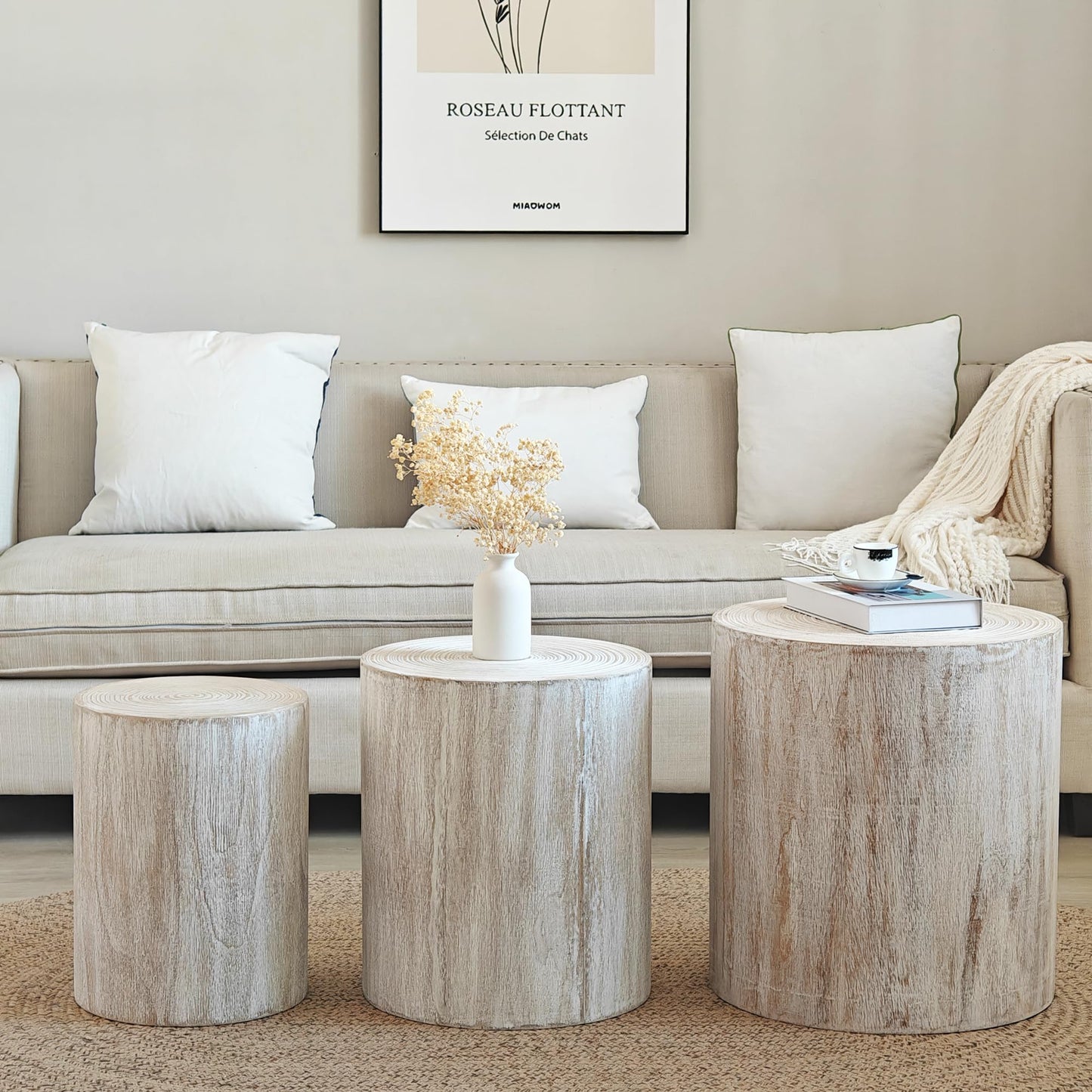KEIKI Round Coffee Table Set of 3, Modern Wood Nesting Coffee Table with Tree Rings Texture for Living Room, Antique White