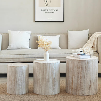 KEIKI Round Coffee Table Set of 3, Modern Wood Nesting Coffee Table with Tree Rings Texture for Living Room, Antique White