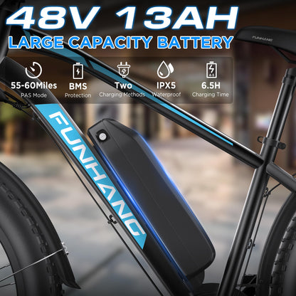 Funhang Electric Bike for Adults, 1000W Peak Ebike, 20MPH 60Miles Electric Mountain Bike, 26" Fat Tire Electric Bicycle with 48V 13AH Battery, Front Suspension,7 Speed, Rear Rack, UL 2849 Certified