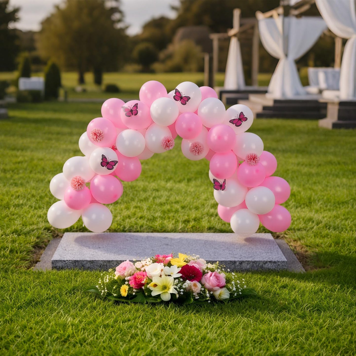 Gejoy 117 Pcs Memorial Grave Decorations for Mom Mini Balloon Arch Kit Artificial Cemetery Flowers Butterflies for Loss of Mother Father Veterans Gravestone Graveyard Outdoor(Pink, White)