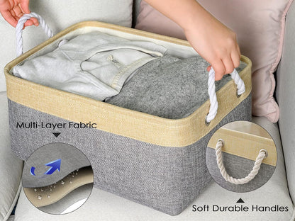 TheWarmHome Decorative Basket, Rectangular Fabric Storage Bin Organizer with Handles for Clothes Storage (Gold&Grey)