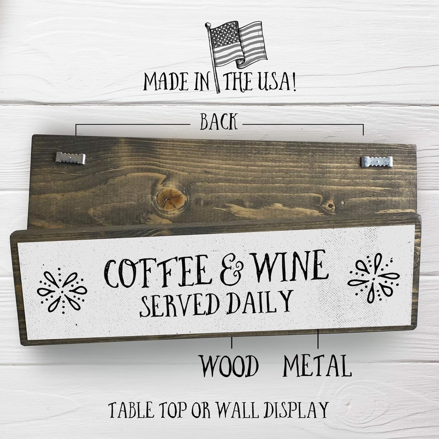 Coffee Wood Signs (Medium - Wood and Metal, Coffee and Wine Served Daily)