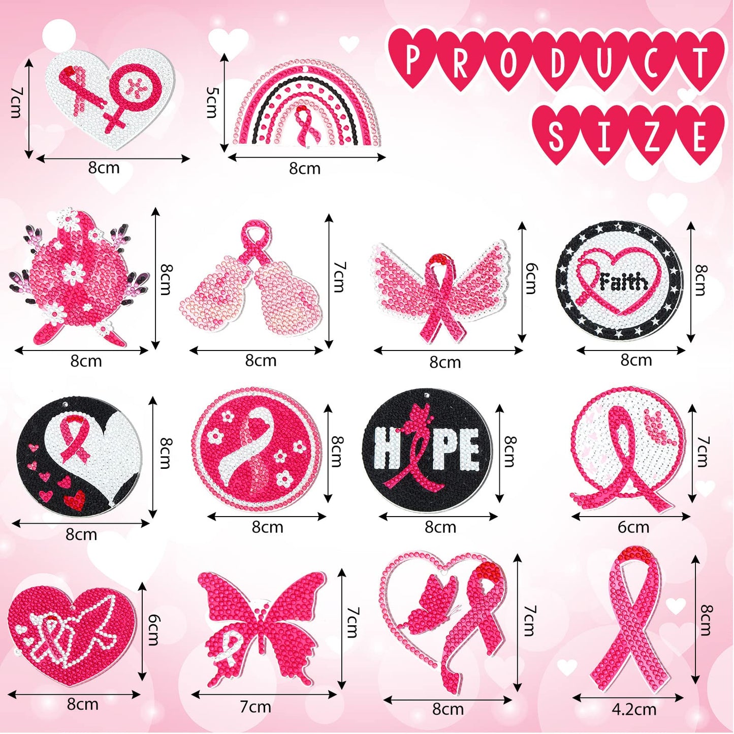 Estune 28 Pcs Breast Cancer Diamond Painting Keychains Pink Ribbon Diamond Art Key Chain Double Sided 5d DIY Painting Kits Keyring Pendant for Beginners Adults Women Gift