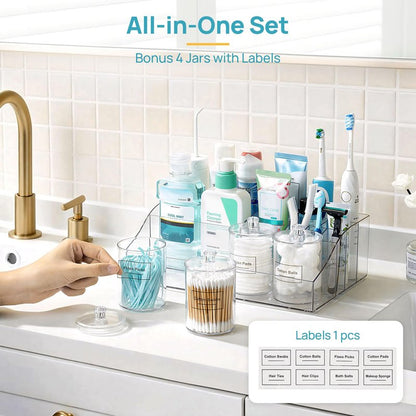 Vtopmart 5 PCS Bathroom Countertop Organizer, 1 Divided Tray with 4 Qtip Holder Jars, Restroom Clear Organizers for Toothbrush, Cotton Pads Balls, Floss, Bathroom Vanity Accessories Storage Set