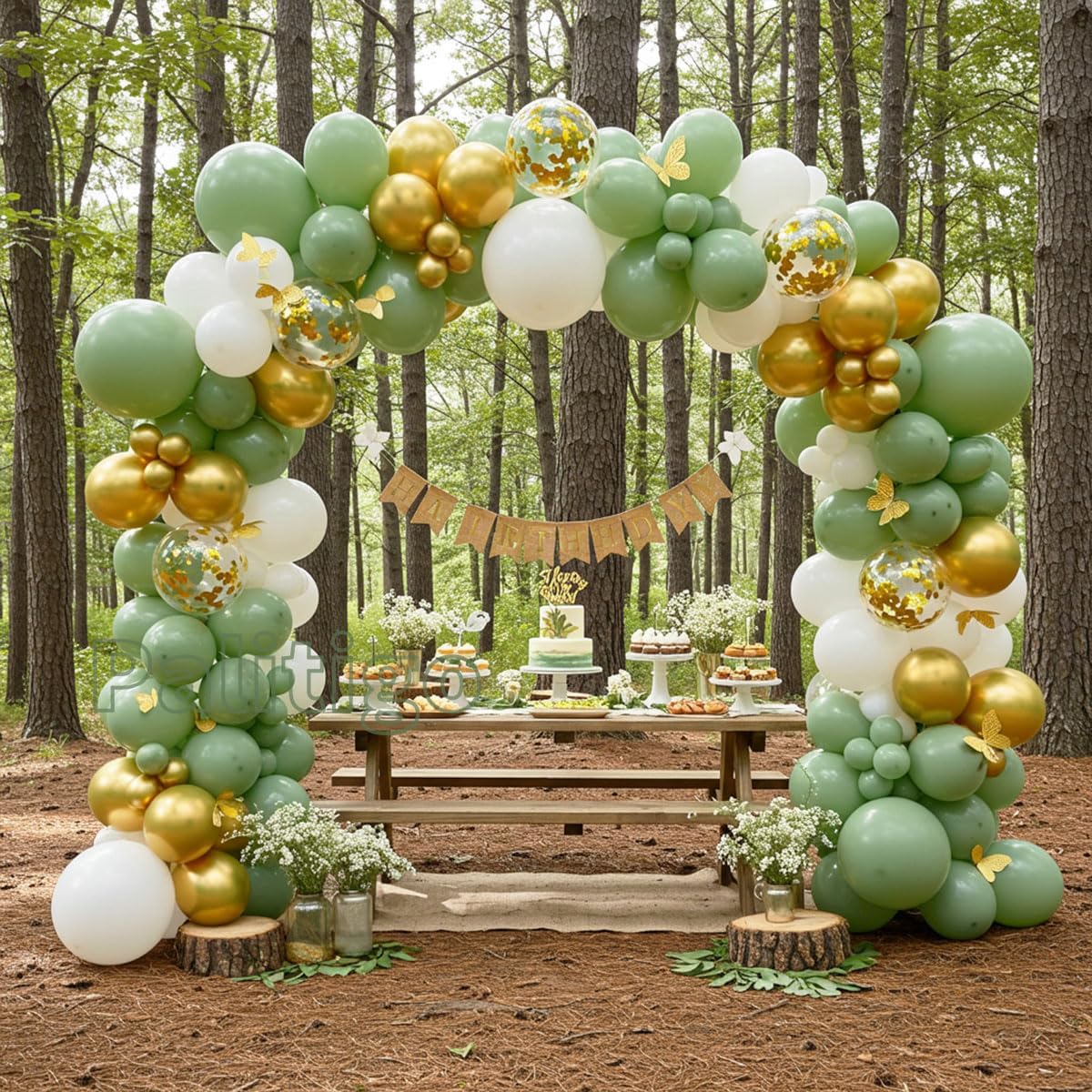 Green Balloon Garland Kit with 112pcs Sage and Olive Balloons, Gold Butterfly for Weddings and Birthdays