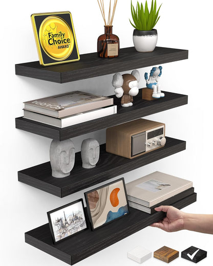 15.7in 22lbs Set 4) BAYKA Floating Shelves for Wall, Wall Mounted Rustic Wood Shelves for Bathroom, Bedroom, Living