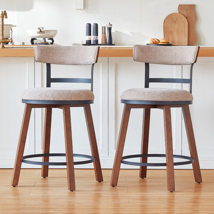 Finekoze Modern Bar Stools Set of 2, 26" Thick Upholstered Barstools with Curved Frabic Backrest&Solid Wood Legs&Matte Metal Frame, Counter Height Bar Stools for Kicthen Island,Khaki