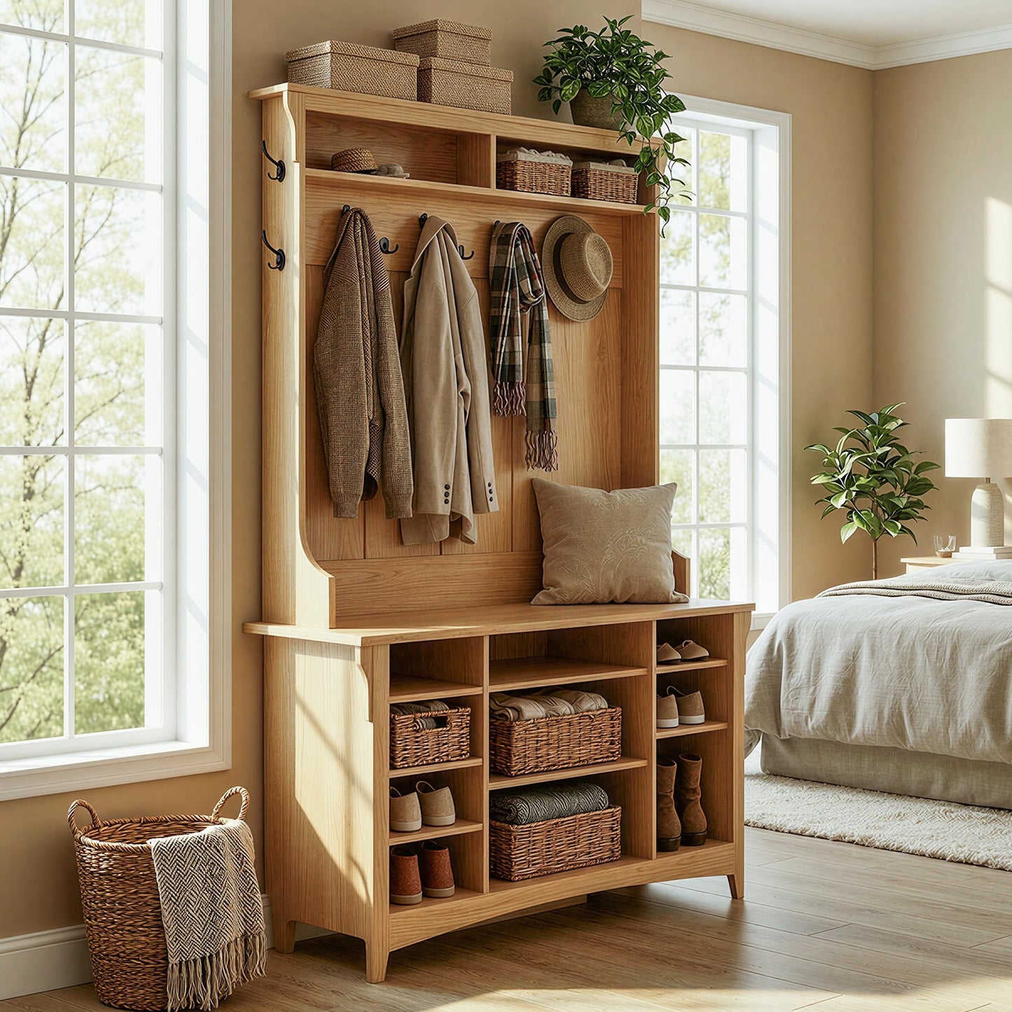 IRONCK Hall Tree with Bench and Shoe Storage, 6-in-1 Entryway Bench with Coat Rack, Adjustable Shelf, Hanging Hooks, 11 Shoe Cubbies, 2-Tier Top Storage, for Entryway, Bedroom, Living Room, Oak