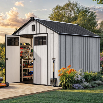 YITAHOME 8x10ft Outdoor Plastic Storage Shed with Floor, Extra Thick Waterproof Garden Shed with Lockable Door, Oval Vision Windows &Vents, 16mm Heavy Duty Tool Storage for Patio, Lawn, Gray