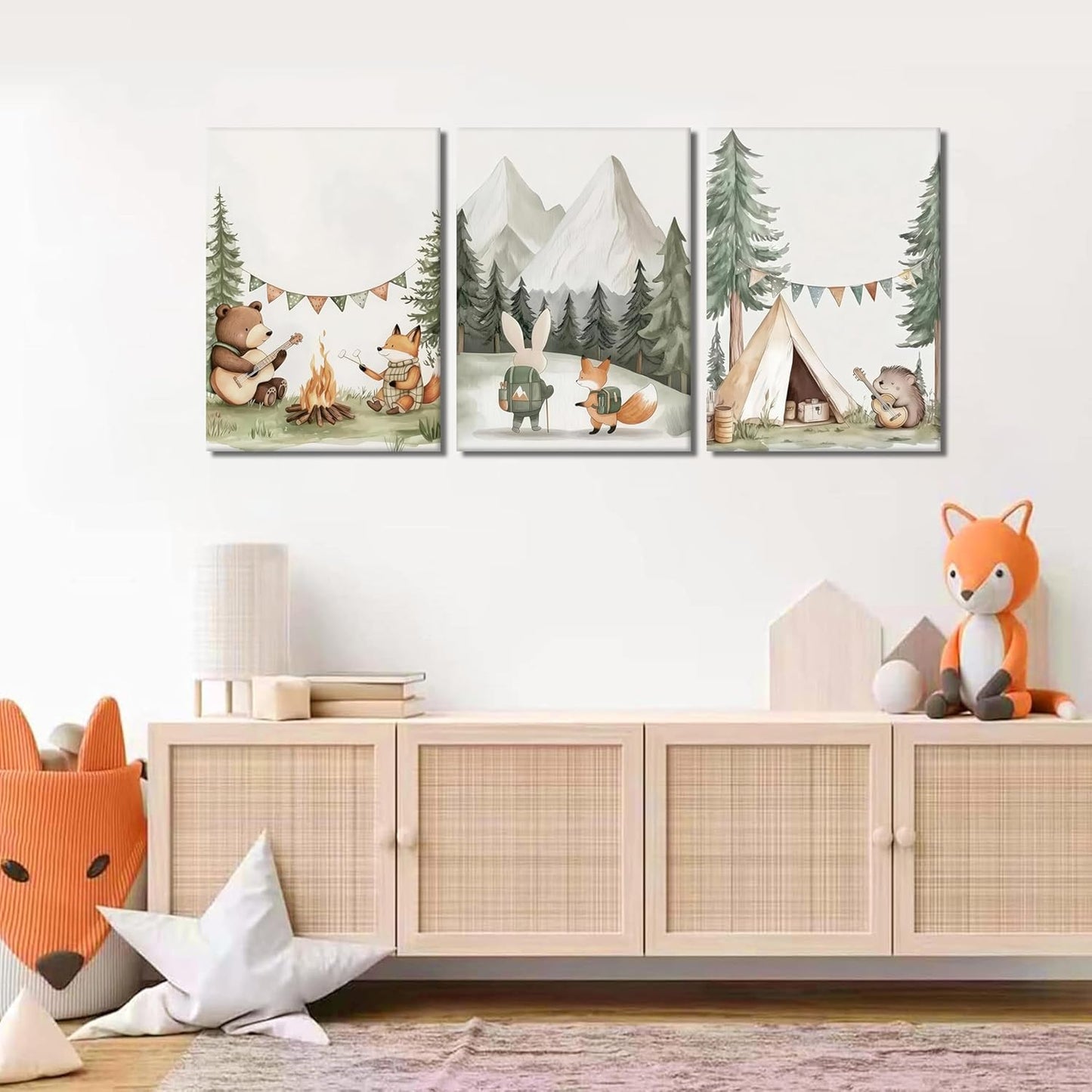 12x16in AKWISH Nursery Woodland Animals Canvas Wall Art, Cute brave Bear Fox Rabbit Hedgehog Nursery Wall Decor, Framed