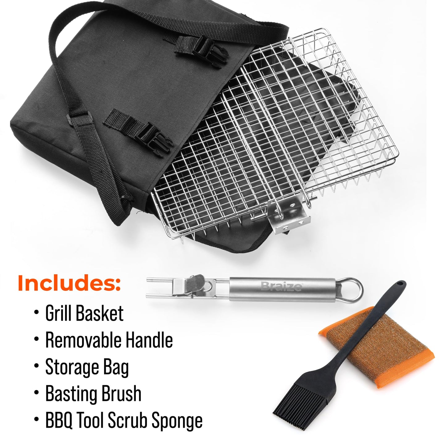 Stainless Steel Large Grill Basket with Removable Handle – 12.25 x 9.5 x 1.5 Inch BBQ Vegetable Basket with Easy Open Lid, Silicone Basting Brush & Scrub Sponge – Outdoor Cooking & Camping Accessory